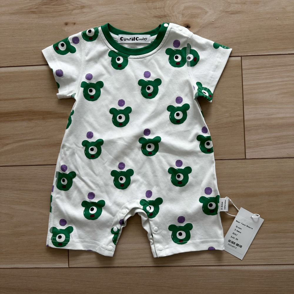 NWT Cutey n Coolty White Baby Romper with Green and Purple Bear Design